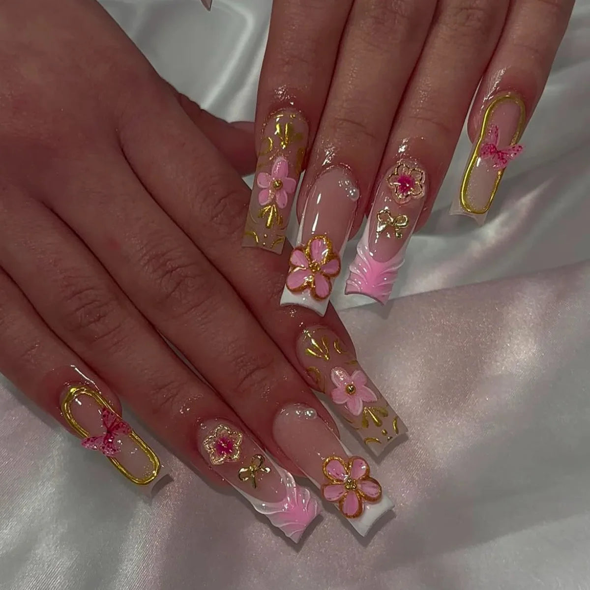 24 pieces of powder gold butterfly three-dimensional carved rectangular nail art factory finished product