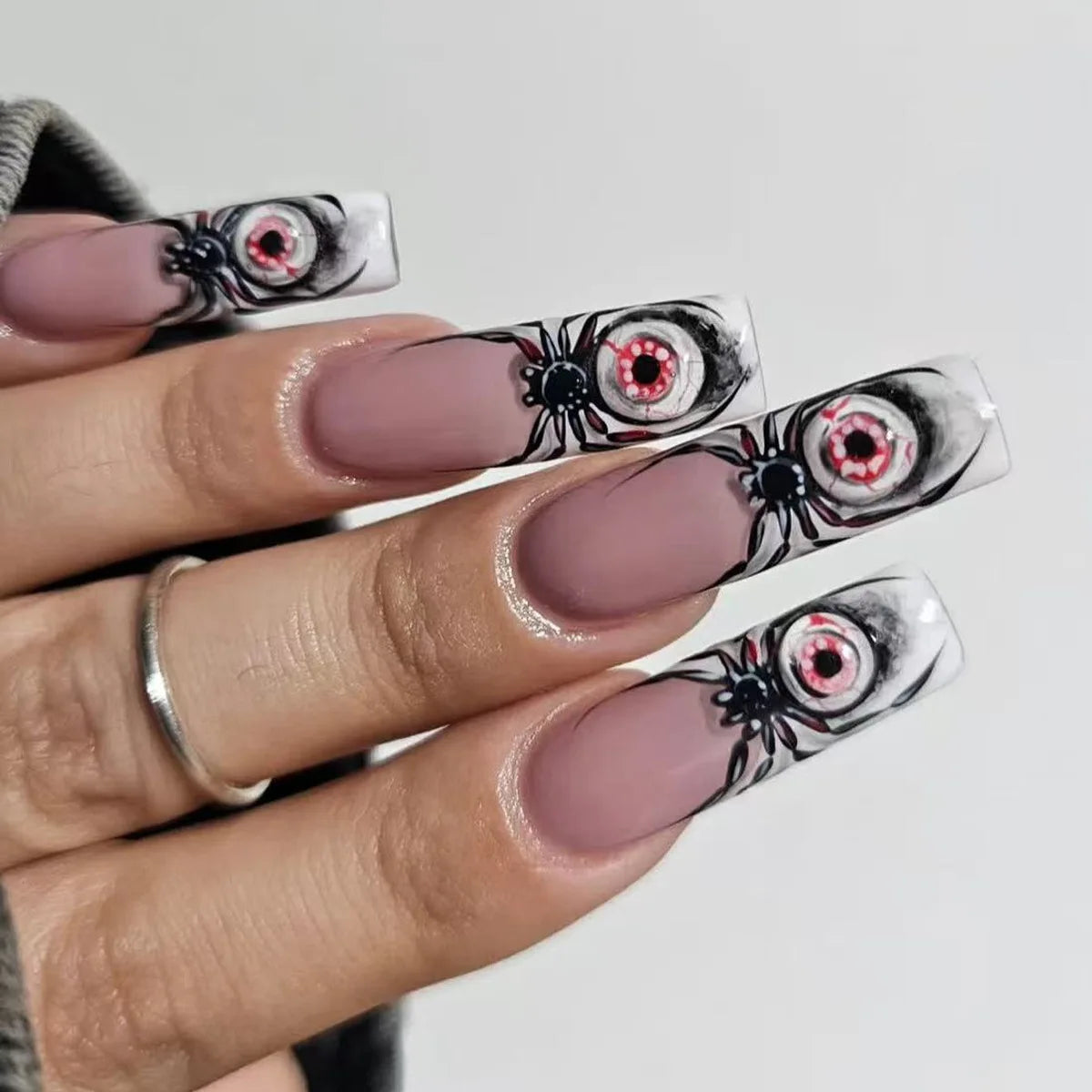 24pc Halloween Press On Nails, Silver Spider Gothic Almond Tips