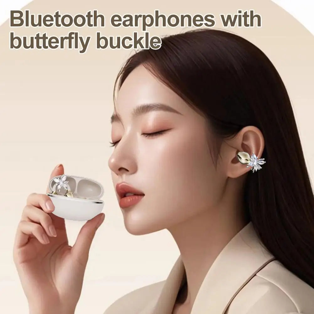 Wireless Open Ear Clip On Earbuds, Bluetooth Crystal Bowknot