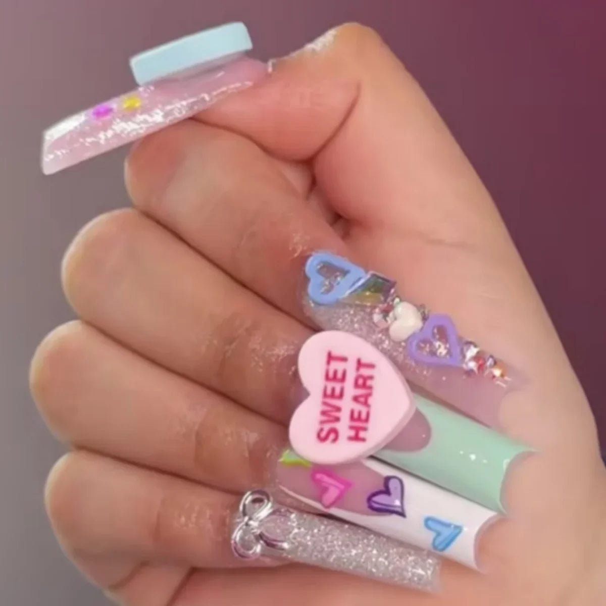 24pcs long square Press on Nails wealth decora French 3D Bow rhinestone Pink Fake Nails Cute Long Nail Art wearable detachable