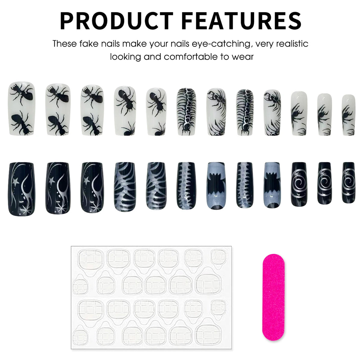 24pc Halloween Press On Nails, Black Ballet Ant Gothic Tips