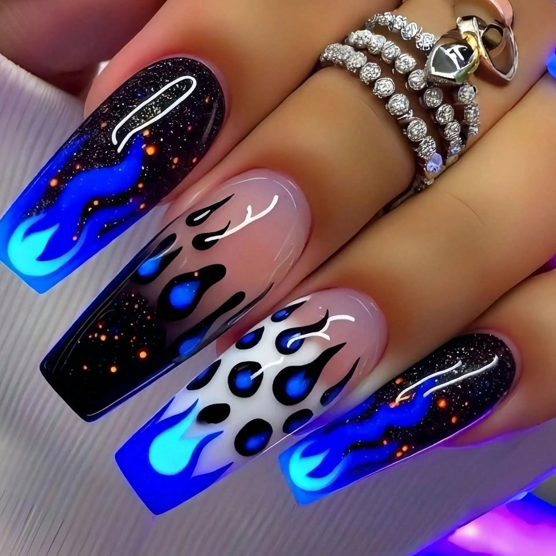 24PCS Y2K Blue Black Flame Fake Acrylic Nails Press On Nails for Women Leopard Print Glitter Long Coffin Nails Punk Party Cosplay Manicure ﻿Non-Brand