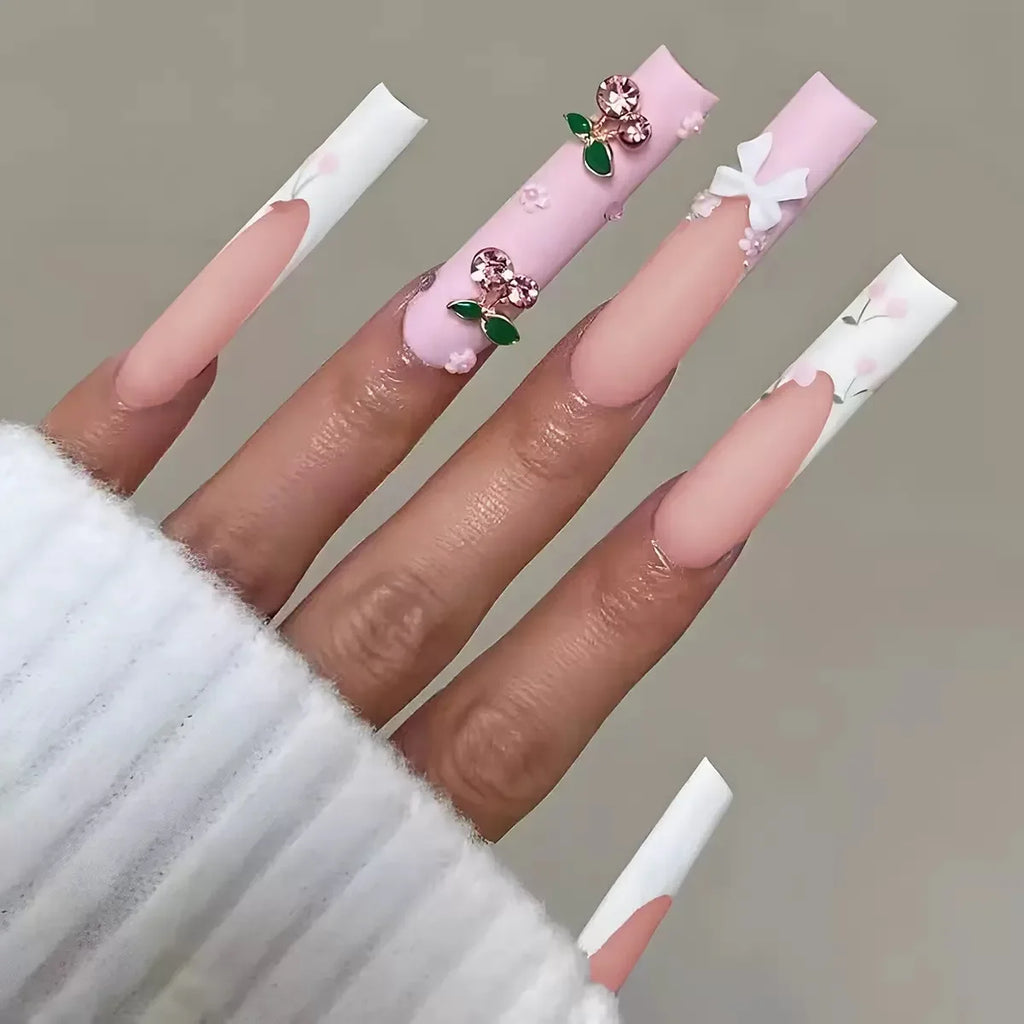 24pcs long square Press on Nails wealth decora French 3D Bow rhinestone Pink Fake Nails Cute Long Nail Art wearable detachable