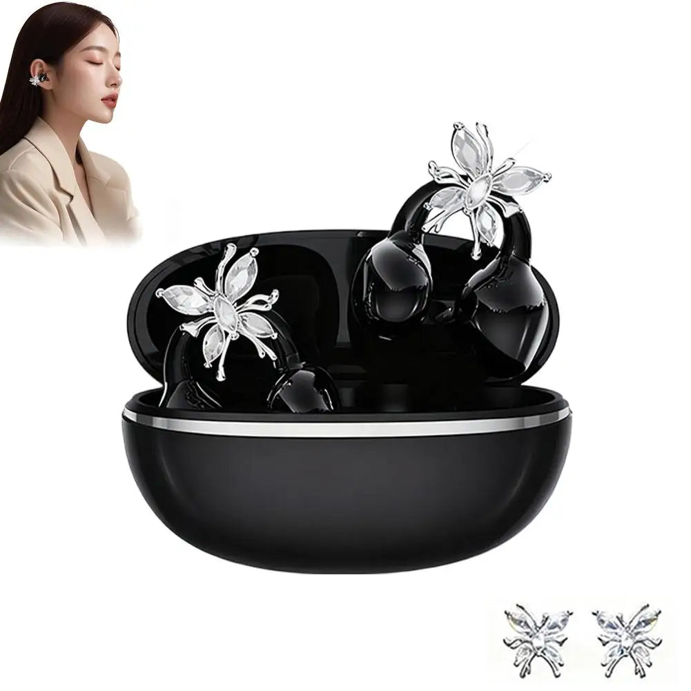 Wireless Open Ear Clip On Earbuds, Bluetooth Crystal Bowknot