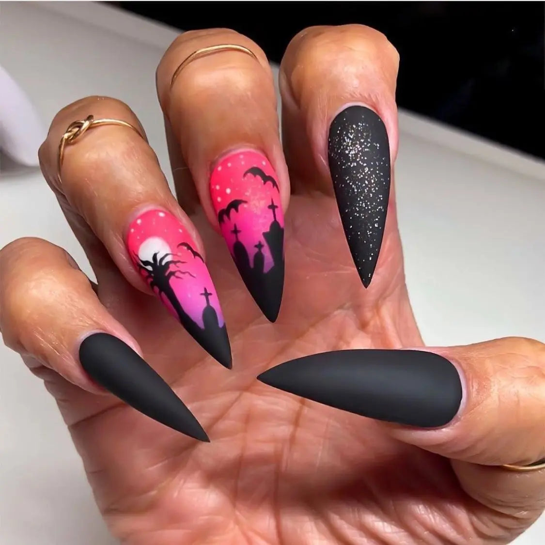Halloween Gothic Press On Nails, Spider Bat Skull Reusable Tips