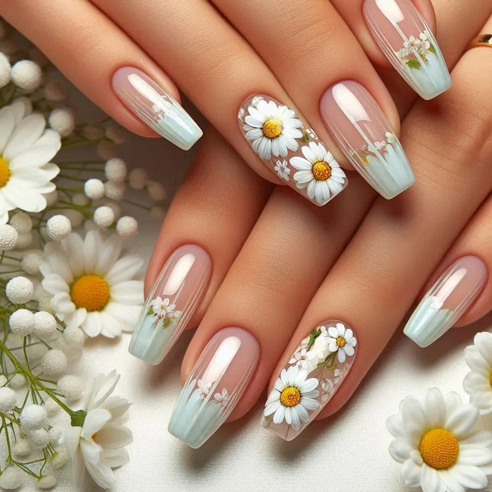 24pcs Mid-length Ballet Fake Acrylic Nails Flower Design Stick on Fake Nail Fashion Square Blue Artifical Wearable Press on Nails Tips Non-Brands