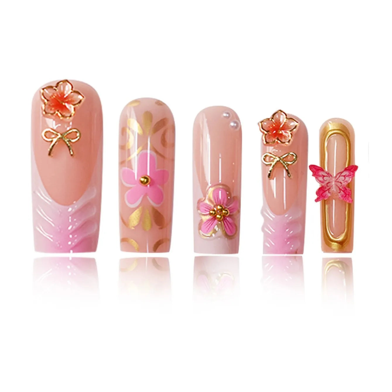 24 pieces of powder gold butterfly three-dimensional carved rectangular nail art factory finished product