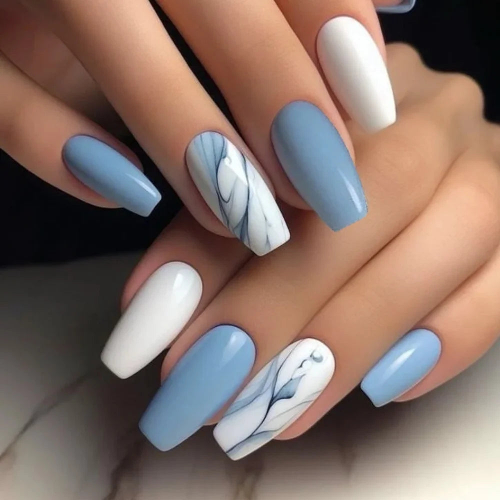 24pcs Mid-length Ballet Fake Acrylic Nails Flower Design Stick on Fake Nail Fashion Square Blue Artifical Wearable Press on Nails Tips Non-Brands