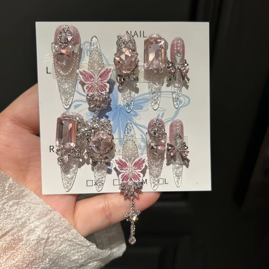 10-piece Handmade Translucent Glitter Butterfly Nail Art for Spring and Summer, Brightening and Whitening False Nails