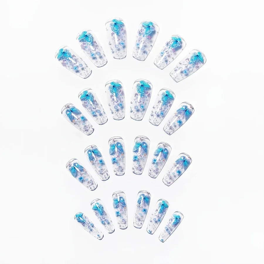 [24pcs Press-On Nails] Mid-Length Transparent Multicolor Butterfly Glossy 24pcs Press-On Nails Removable Nail Stickers Convenien