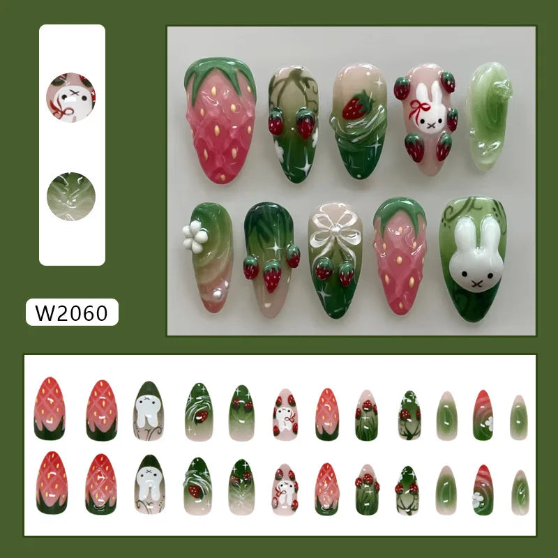 24pcs Ice Transparent 3D Strawberry Rabbit Floral Smudge Gradient Press On Nails Glossy Sweet Cute Ins Korean European Trend Style Handmade Soft Gentle Finished False Nail Patches Skin Flattering Reusable Removable Comfort Ma
