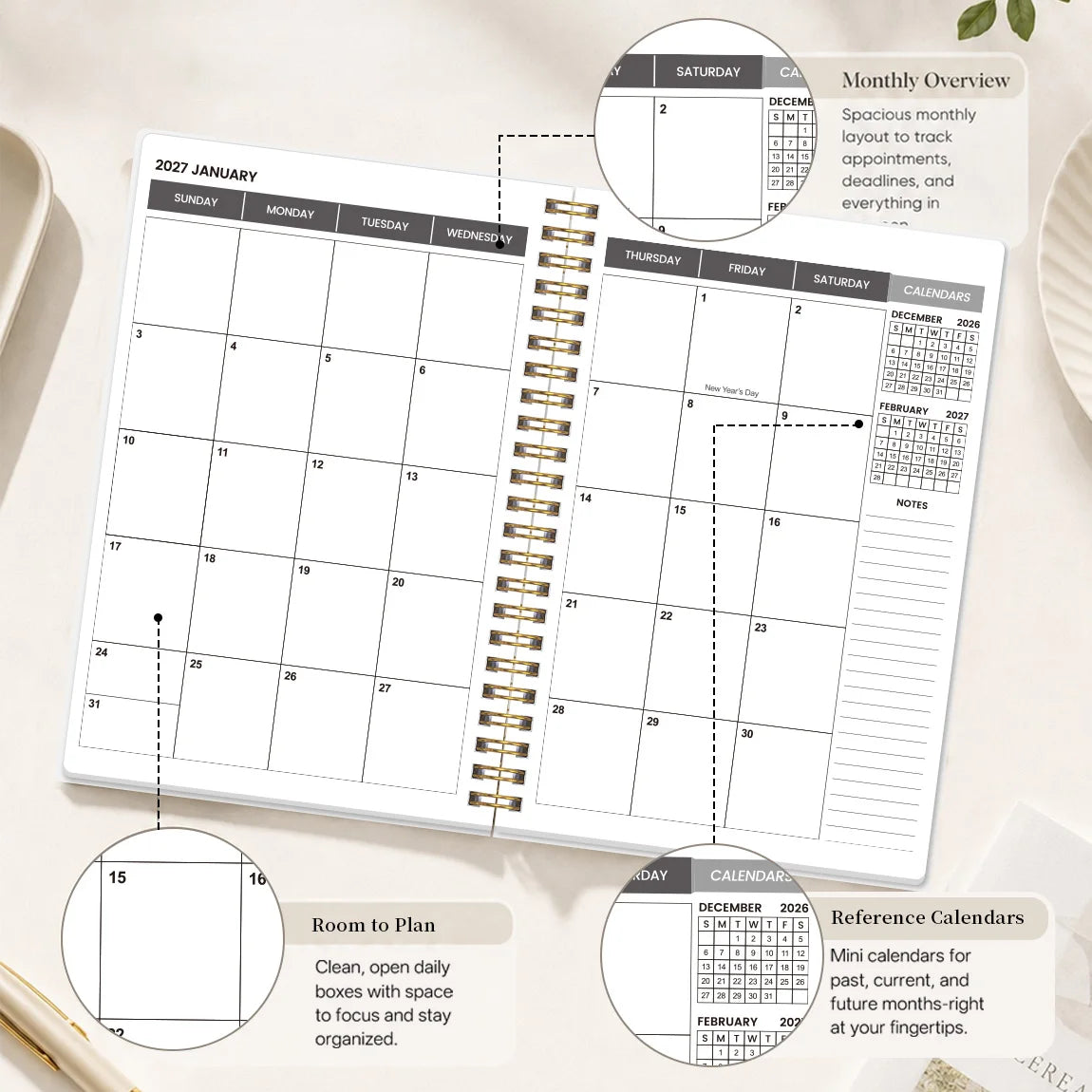 2026 2028 A5 Monthly Planner, Gold Spiral Cat Cover Organizer