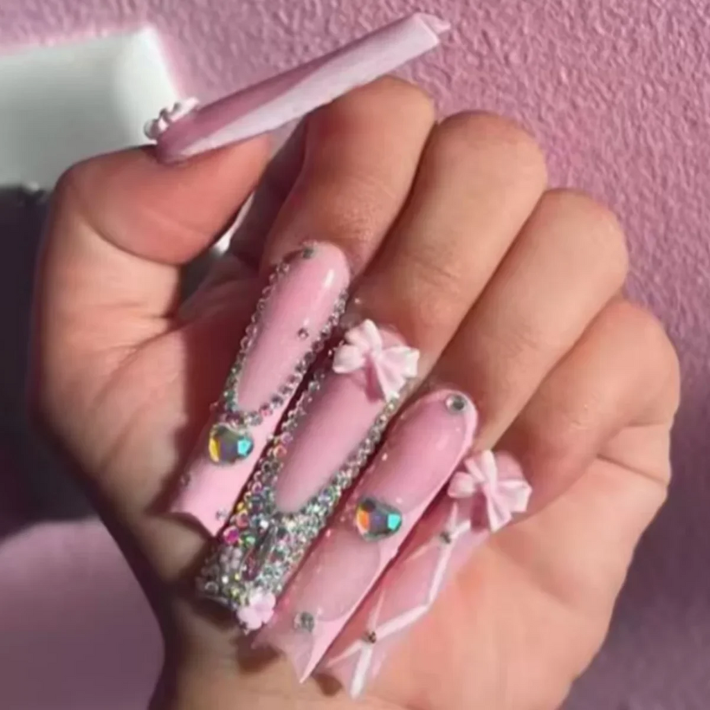 24pcs long square Press on Nails wealth decora French 3D Bow rhinestone Pink Fake Nails Cute Long Nail Art wearable detachable