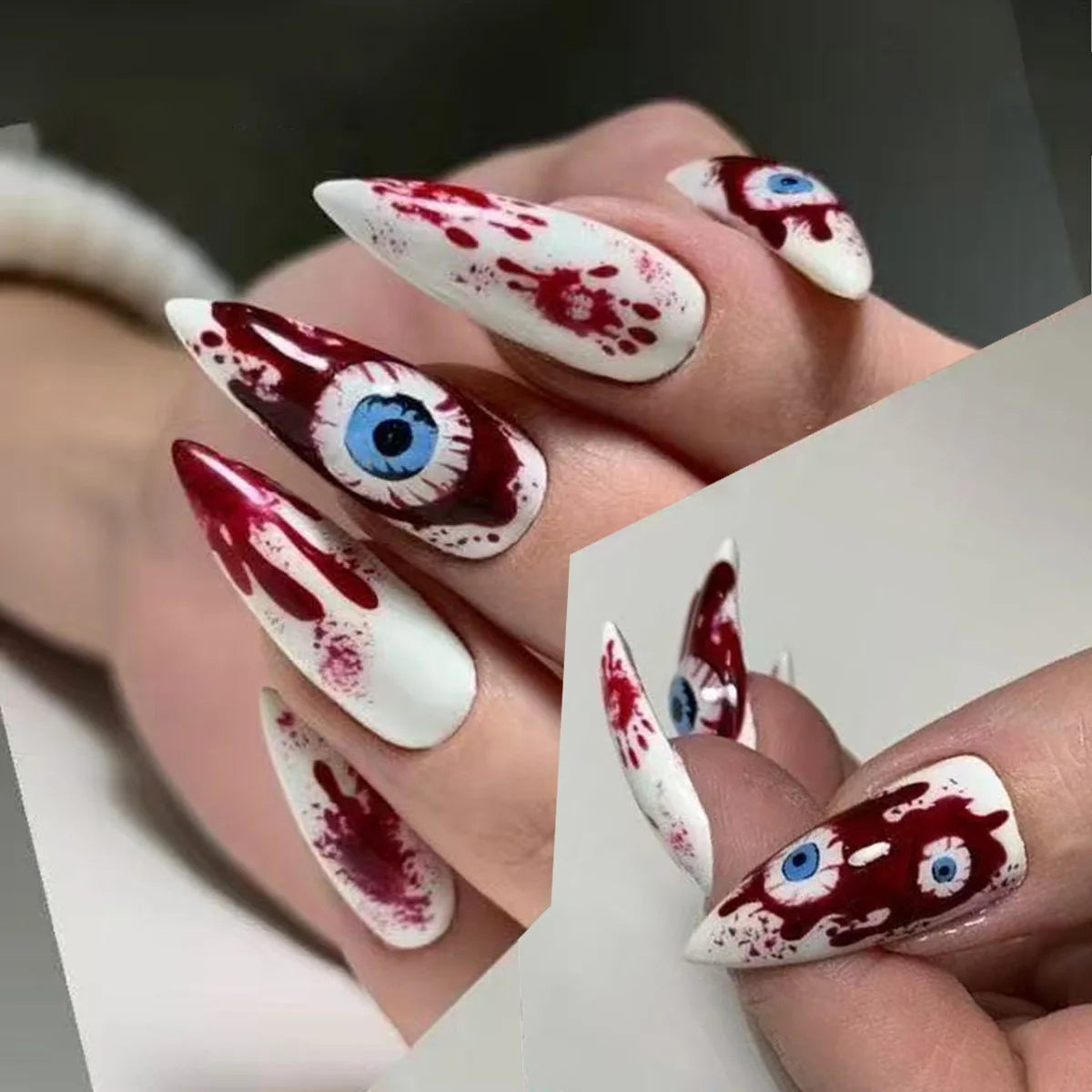 24pc Halloween Press On Nails, Silver Spider Gothic Almond Tips