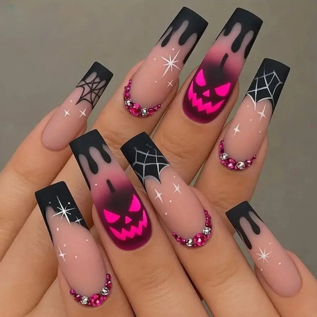 24pc Halloween Skull Press On Nails, Glitter Pink Ballet Tips