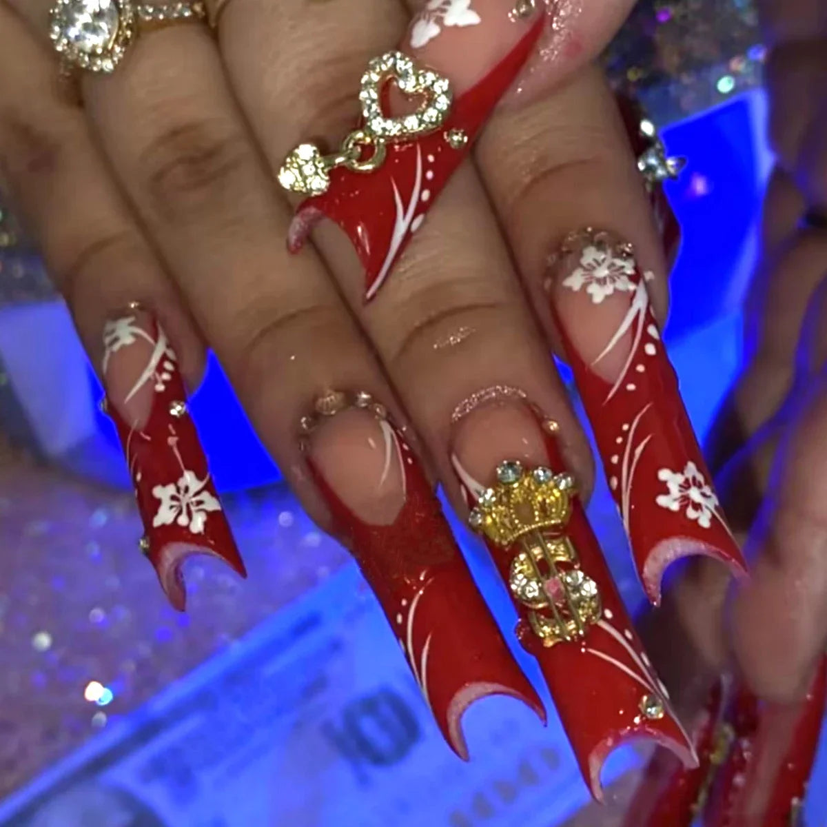24pcs long square Press on Nails wealth decora French 3D Bow rhinestone Pink Fake Nails Cute Long Nail Art wearable detachable