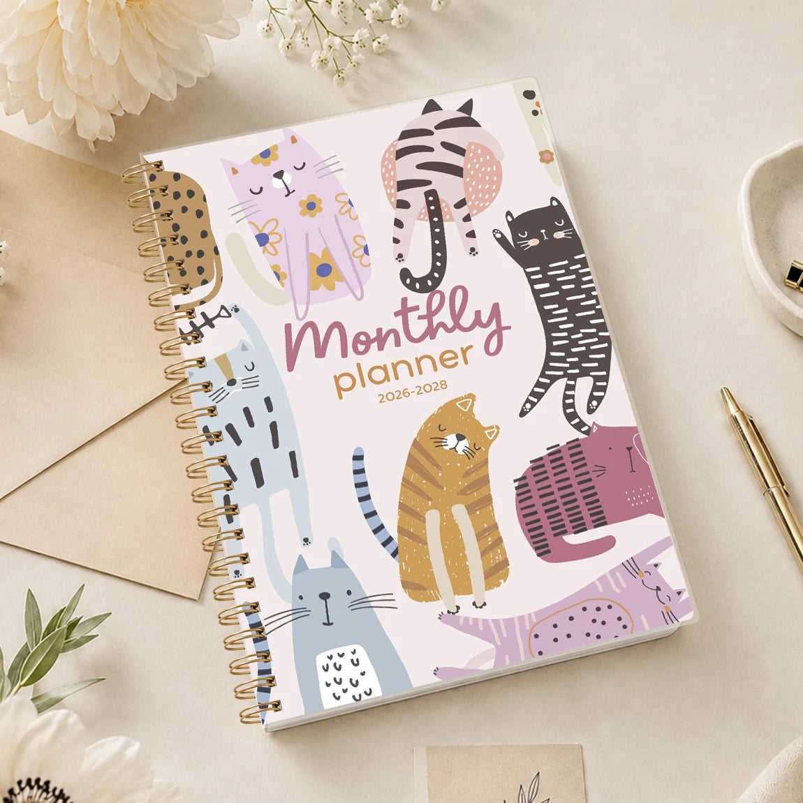 2026 2028 A5 Monthly Planner, Gold Spiral Cat Cover Organizer