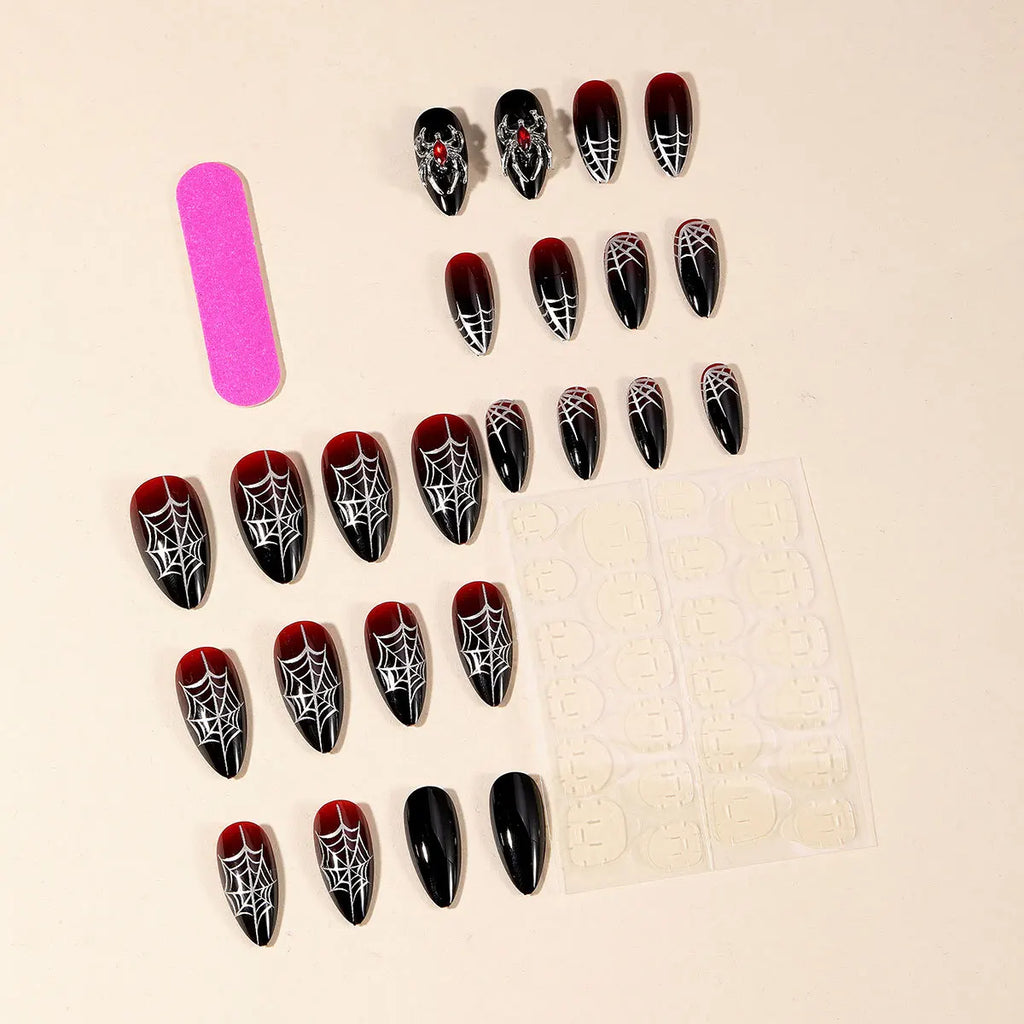 24pc Halloween Press On Nails, Silver Spider Gothic Almond Tips