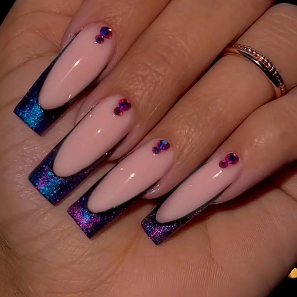 24Pcs Leopard Print Design False Nails with Bow Rhinestone Long Square Press on Nails Wearable French Ballet Fake Nail Tips