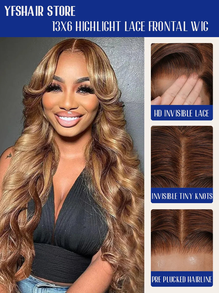P4/27 Highlight Body Wave 40 Inch Long & 200% Density Human Hair Wigs HD