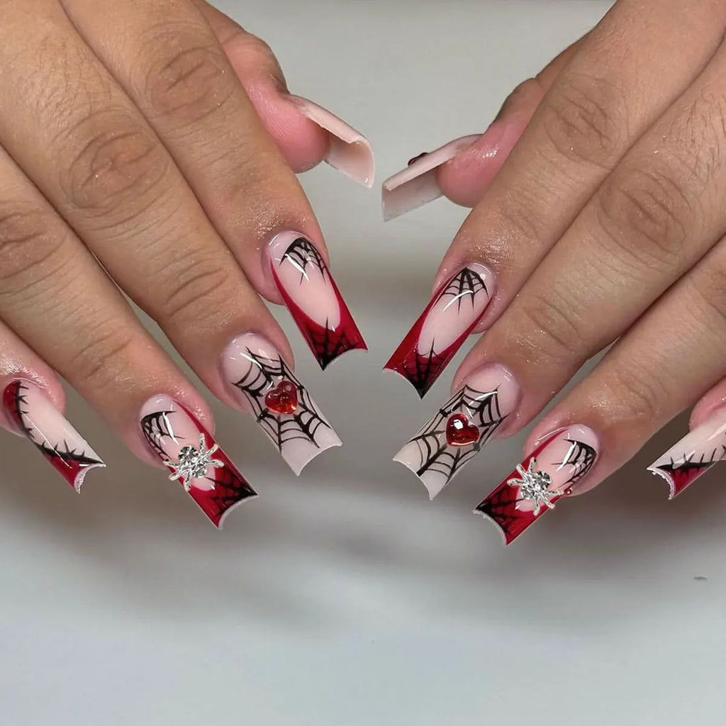 24pc Halloween Press On Nails, Silver Spider Gothic Almond Tips