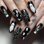 24pc Halloween Press On Nails, Black Coffin Ghost Skull Web