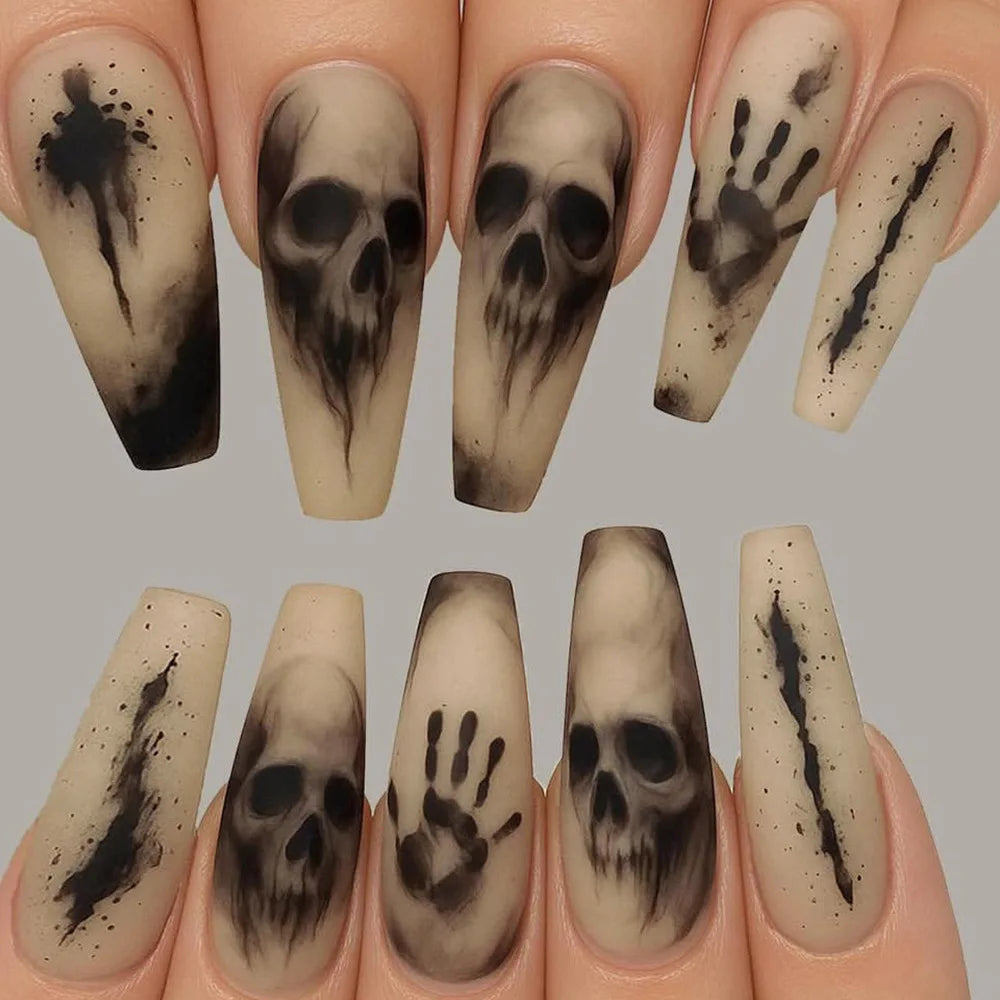 24pc Halloween Skeleton Press On Nails, Black Matte Coffin