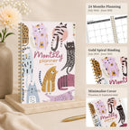 2026 2028 A5 Monthly Planner, Gold Spiral Cat Cover Organizer