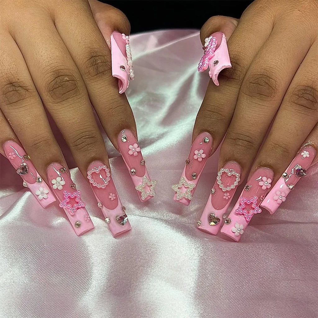 24Pcs Leopard Print Design False Nails with Bow Rhinestone Long Square Press on Nails Wearable French Ballet Fake Nail Tips