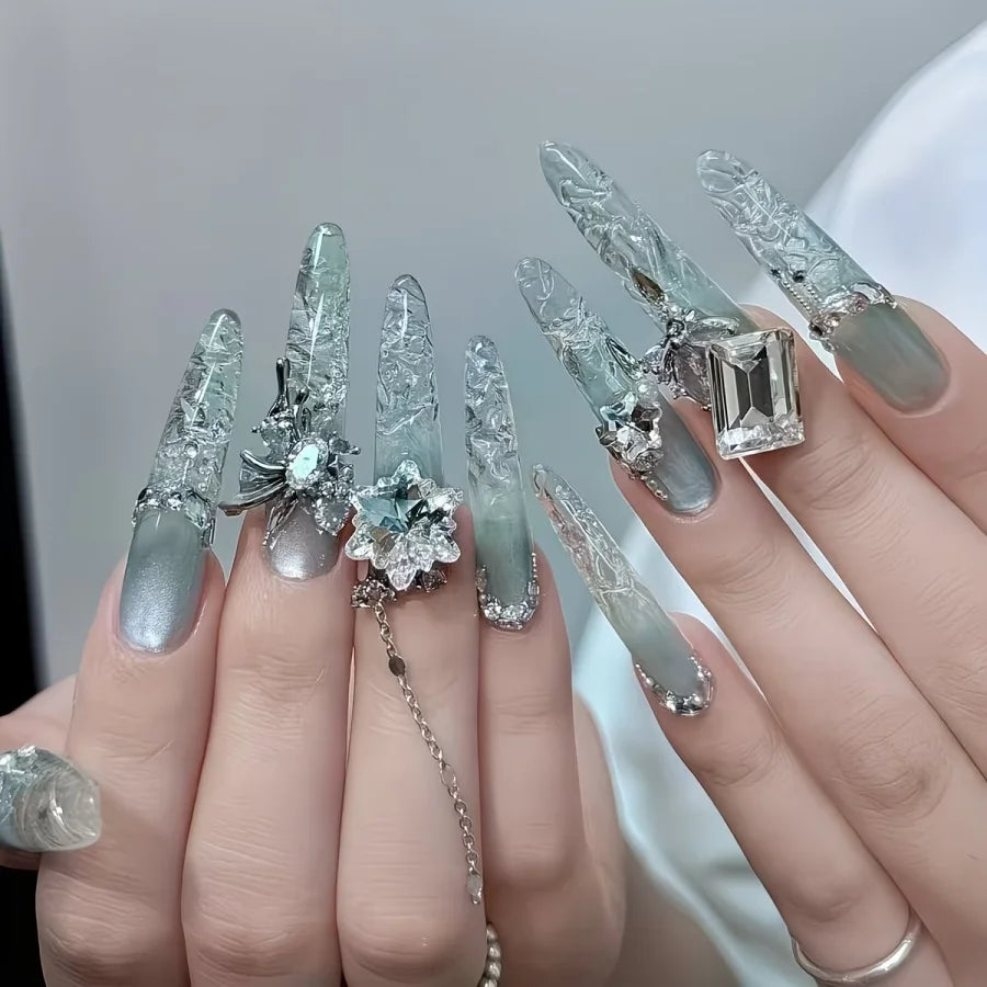10pcs/Purely Handmade Adorned Nails【Spring Mountain Cold Moon】High-end, Light Luxury Atmosphere, Pure and Ethereal, Clear and Transparent Nail Art, Purely Handmade Adorned Nails, Reusable False Nails, Suitable for Holiday