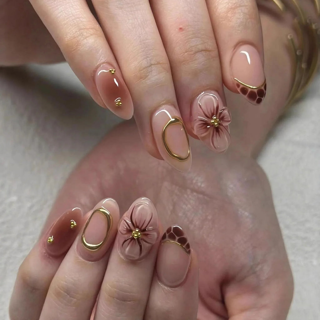 24pcs Press on Nails Flower Pearl Design Short Almond Fake Nails Gradient Pink Design False Nail Art Blush Spicy Girl Manicure
