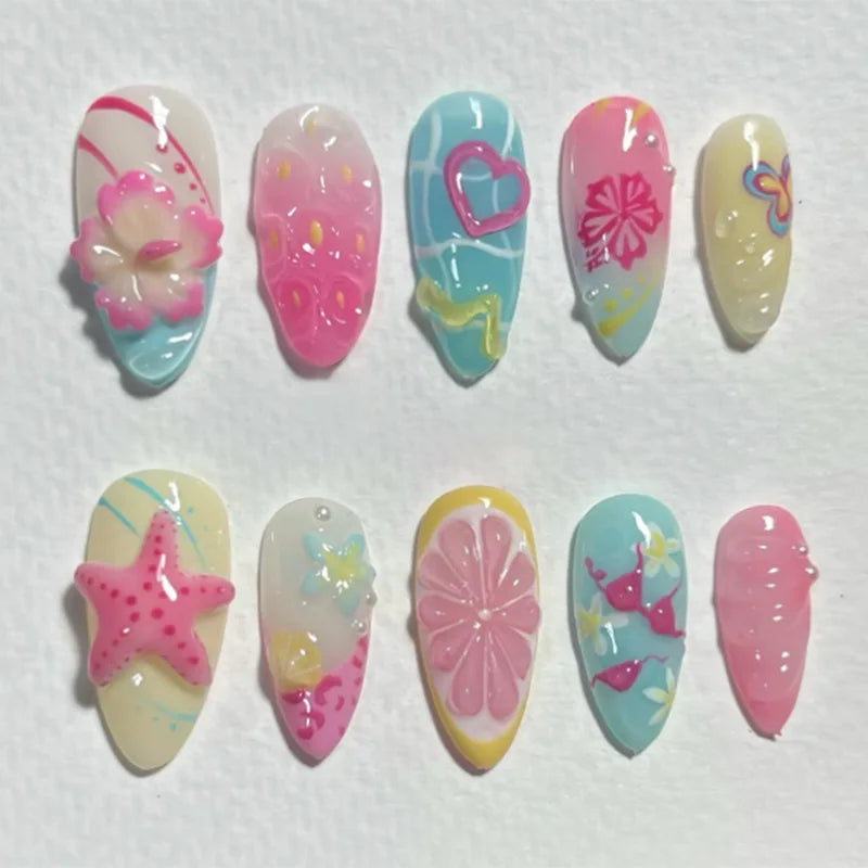 24pcs 3D Summer Fresh Fruit Party Graffiti Heart Plaid Floral European Ins Press On Nails Cute Vibrant Removable Reusable False Nail Patches All Match Beach Daily Dating Holiday Manicure