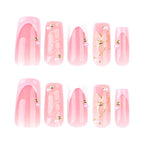 Pink Gradient Flower Press-On Nails | Gold Jewelry Nail Art