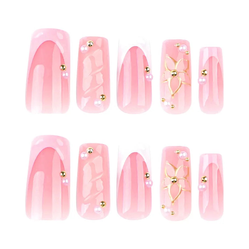 Romantic Pink Gradient Fake Nails Exquisite Flower and Gold Jewelry Fashion Personalized Nail Art Set Suitable for Women