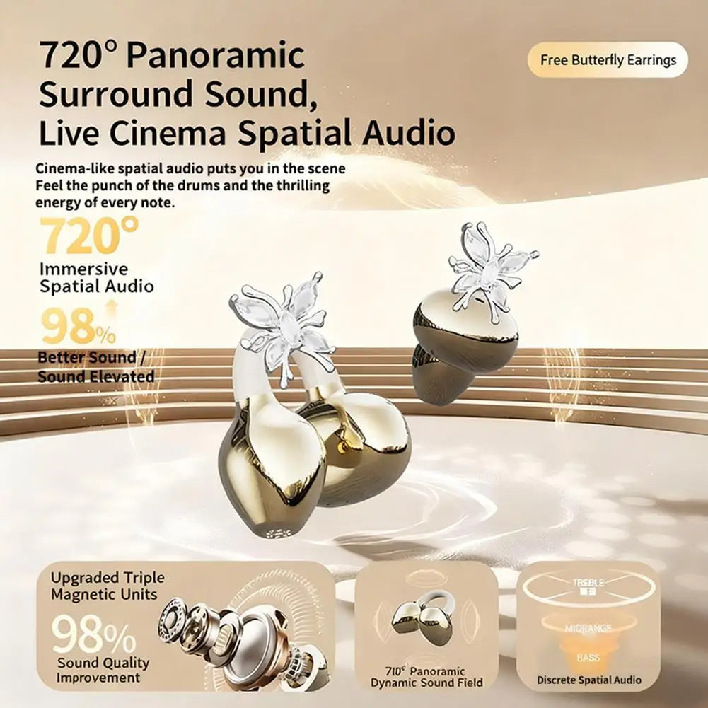 Wireless Open Ear Clip On Earbuds, Bluetooth Crystal Bowknot