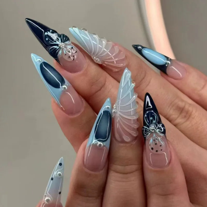 24pc Halloween Press-On Nails Black Y2K Butterfly Diamond Long Almond Tips