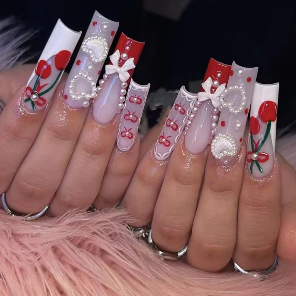 24pcs long square Press on Nails wealth decora French 3D Bow rhinestone Pink Fake Nails Cute Long Nail Art wearable detachable