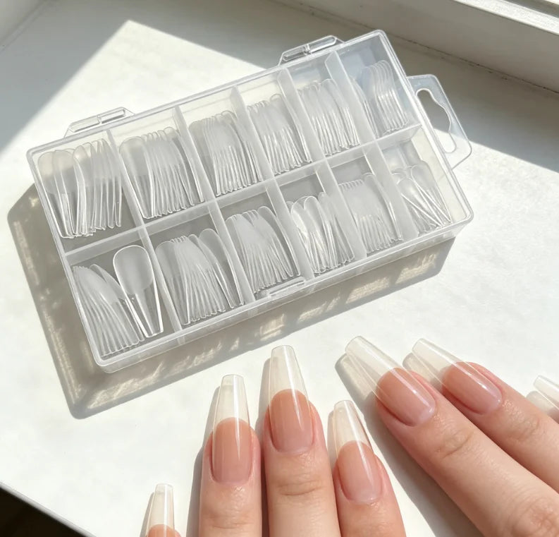 Long Taper Coffin Clear Nail Tips 12 Sizes Full Cover Half Matte Base Acrylic False Nails Storage Box Reusable Soft ABS Nail Extension Tips For Salon DIY Manicure