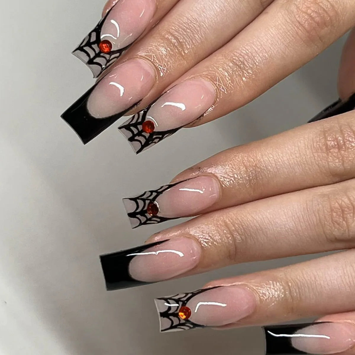 24pc Halloween Press On Nails, Silver Spider Gothic Almond Tips