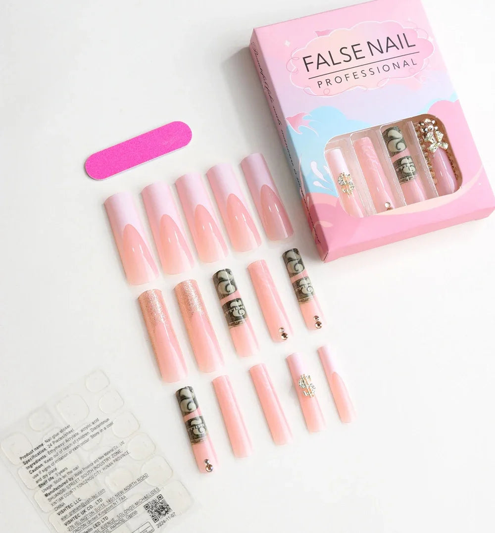 24pcs long square Press on Nails wealth decora French 3D Bow rhinestone Pink Fake Nails Cute Long Nail Art wearable detachable