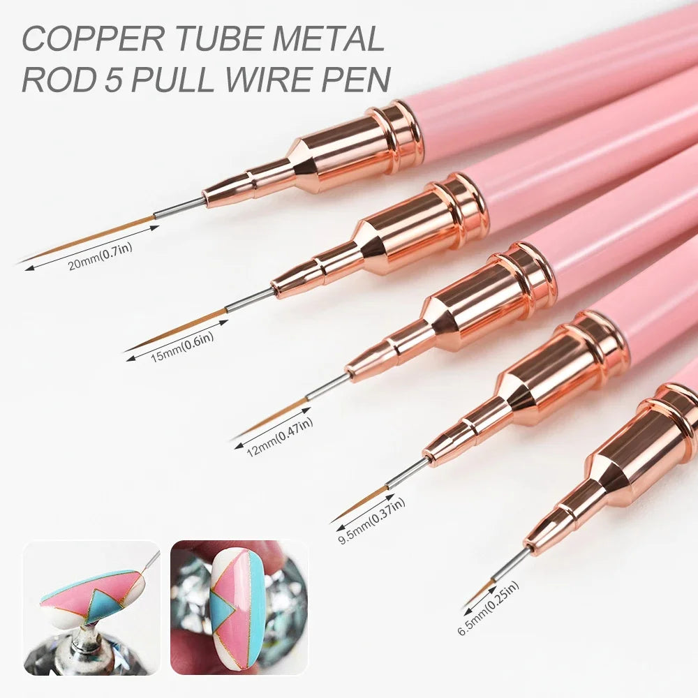 5-Piece Nail Art Liner Brushes Set Elongated Lines Striping Drawing UV Gel