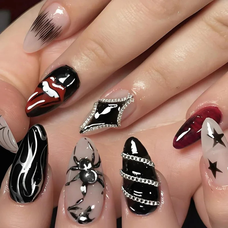 24pc Halloween Press On Nails, Silver Spider Gothic Almond Tips