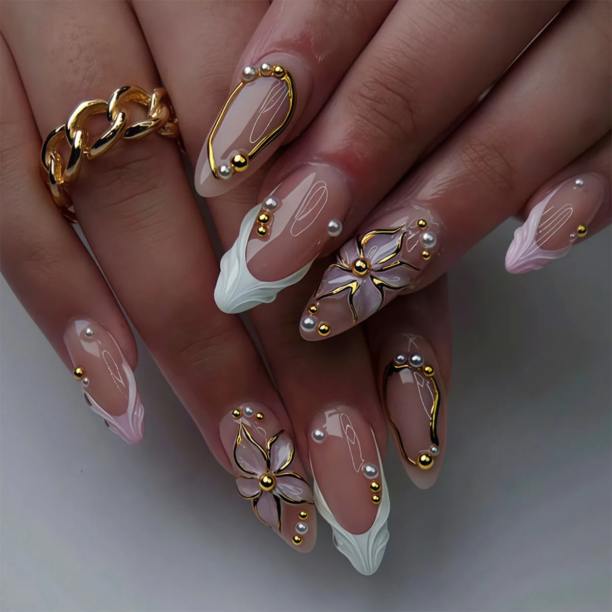 24Pcs fake nail art, wearing nail, medium almond shaped 3D three-dimensional gilded carved pearl steel ball decoration, removable fake nail, anniversary gift, perfect gift for women, birthday gift, holiday gift