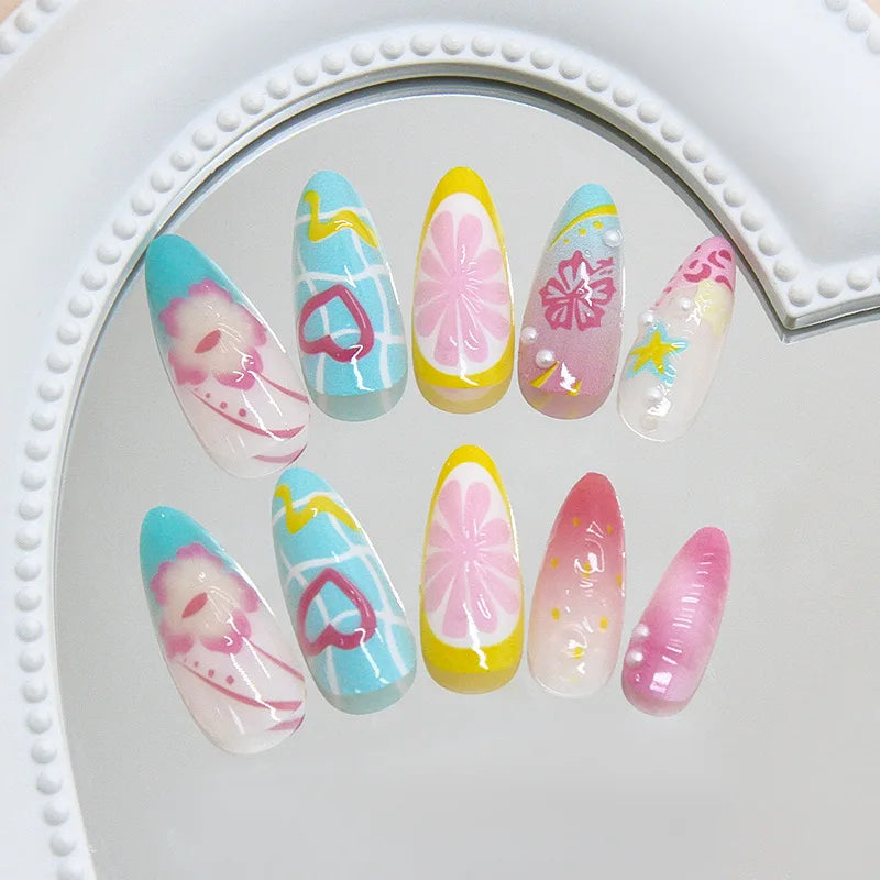 24pcs 3D Summer Fresh Fruit Party Graffiti Heart Plaid Floral European Ins Press On Nails Cute Vibrant Removable Reusable False Nail Patches All Match Beach Daily Dating Holiday Manicure