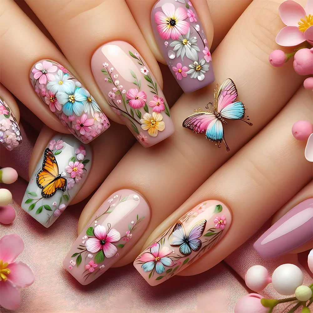 24pcs Mid-length Ballet Fake Acrylic Nails Flower Design Stick on Fake Nail Fashion Square Blue Artifical Wearable Press on Nails Tips Non-Brands