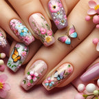 24PCS Blue Floral Press-On Nails | Mid Length Square Tips
