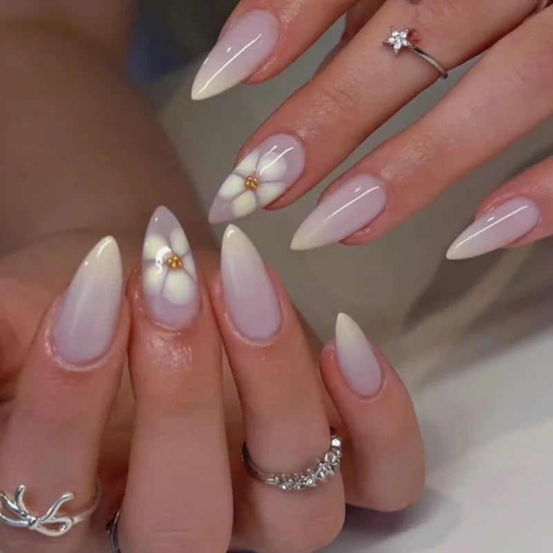 24Pcs Mid-length 3D Flowers Design Fingertips Sweet Butterfly Yellow Ripple Almond False Nails Detachable Full Cover Press Ons