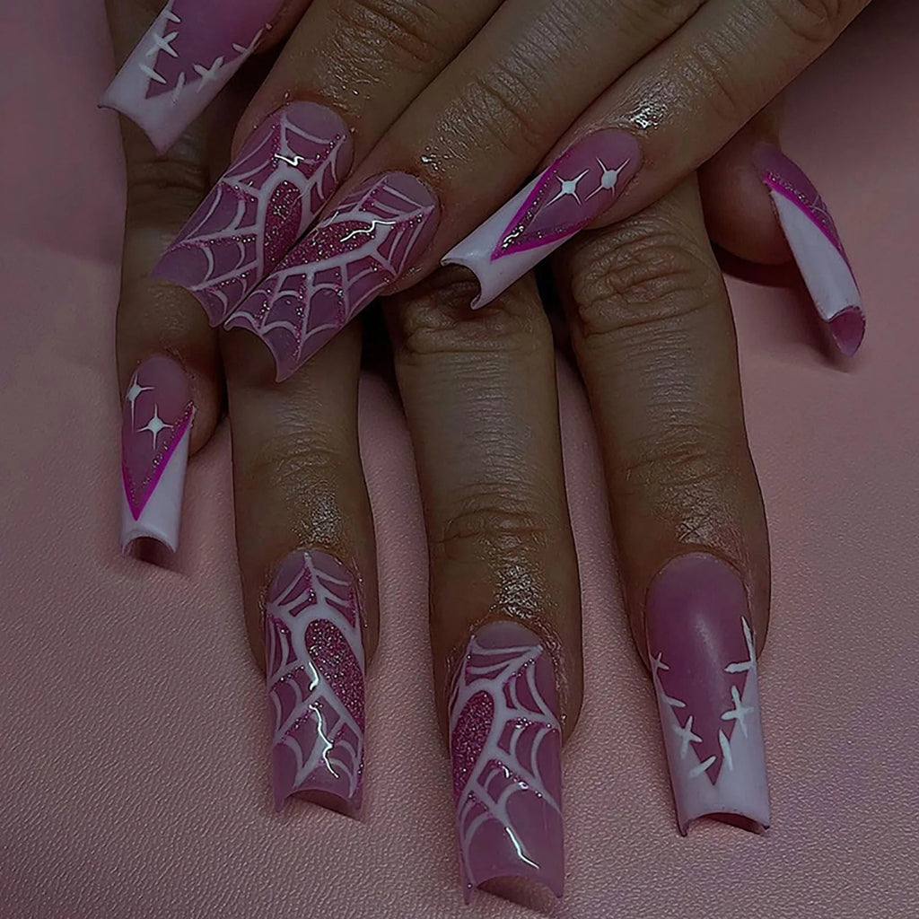 24pc Halloween Skull Press On Nails, Glitter Pink Ballet Tips