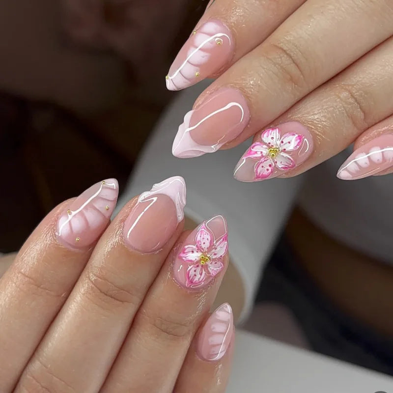 24pcs Press on Nails Flower Pearl Design Short Almond Fake Nails Gradient Pink Design False Nail Art Blush Spicy Girl Manicure