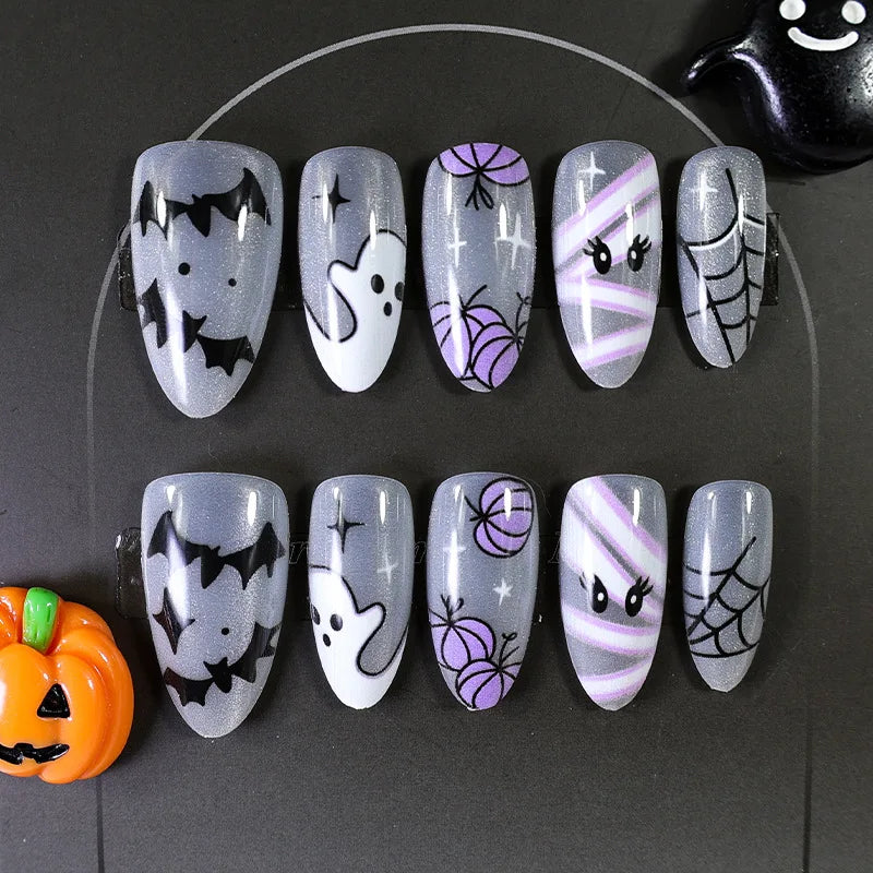24pc Halloween Press On Nails, Silver Spider Gothic Almond Tips